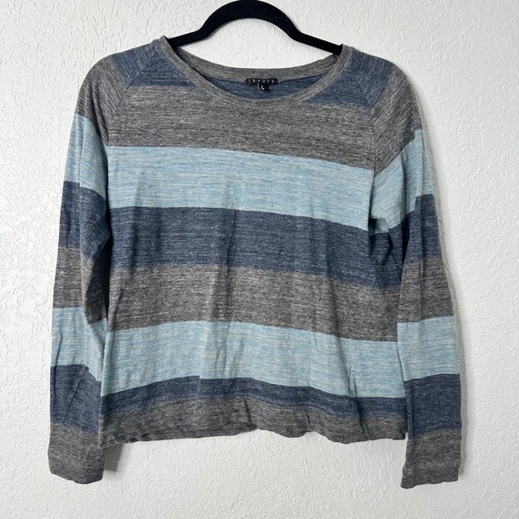 Theory Tops - Theory Striped Long Sleeve Cotton Top Womens Size P Gray Blue Cotton Blend Knit